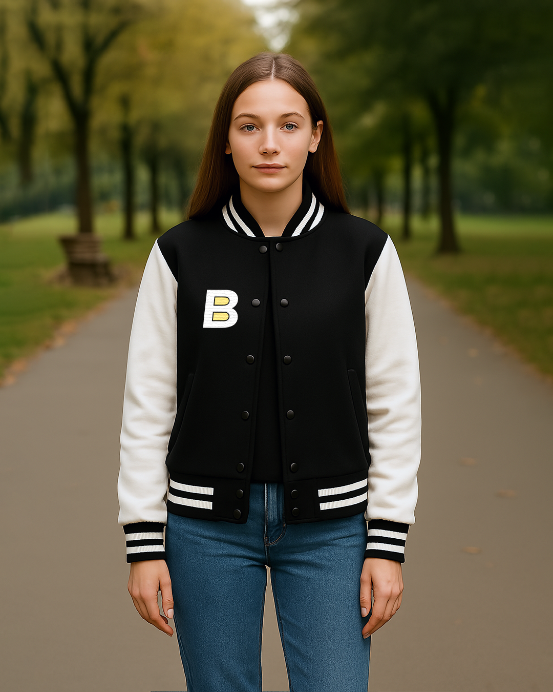 Bencut Women&amp;#39;s B Varsity Jacket Black Colour