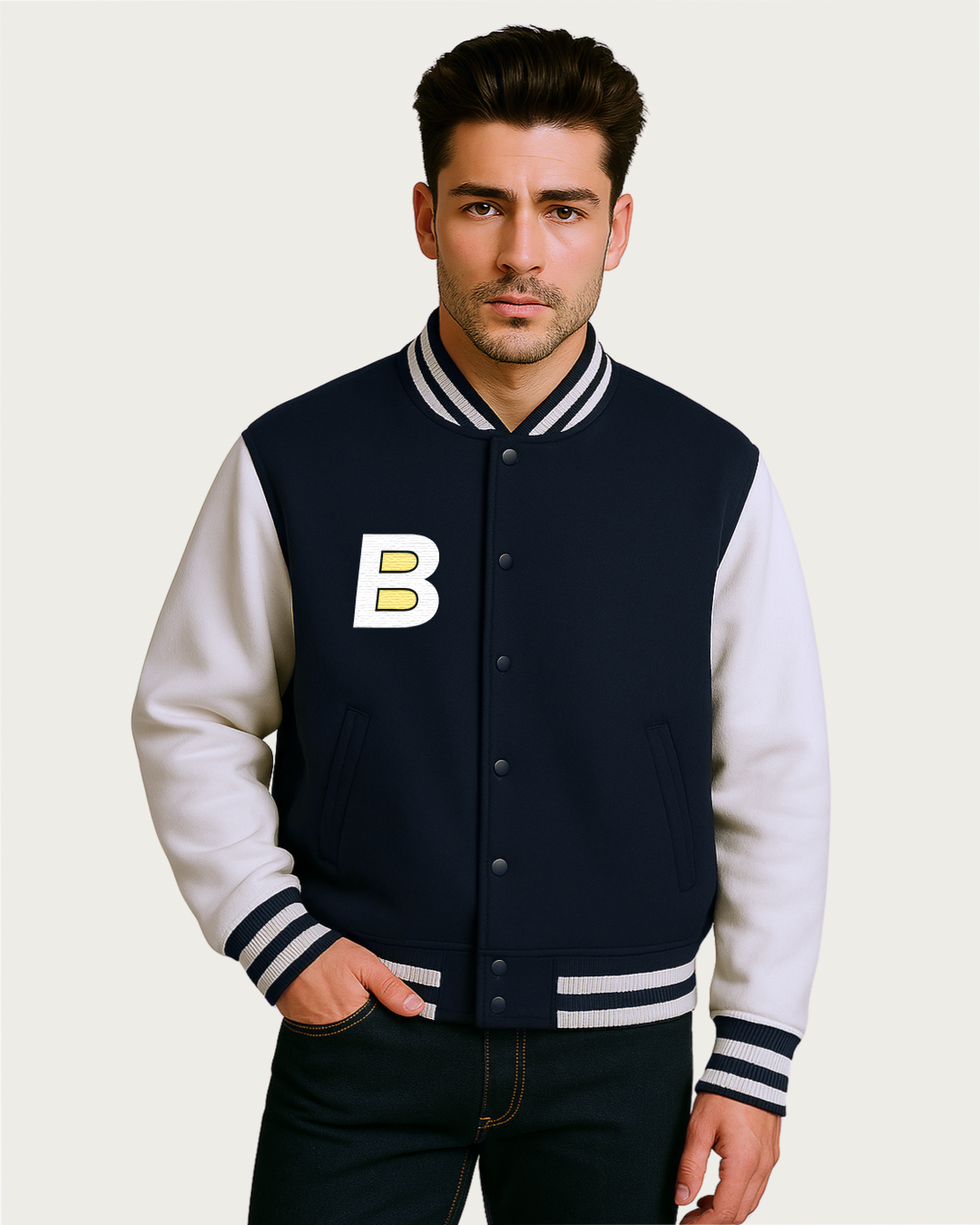 Bencut Men&amp;#39;s B Navy Blue Varsity Jacket