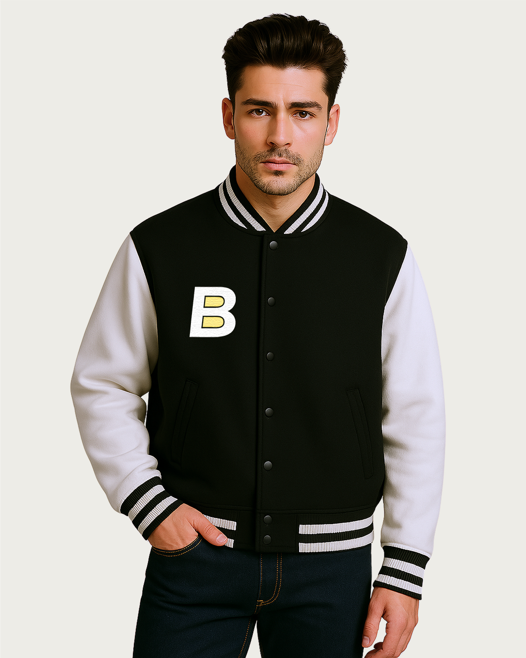 Bencut Men&amp;#39;s B Varsity Jacket Black Colour