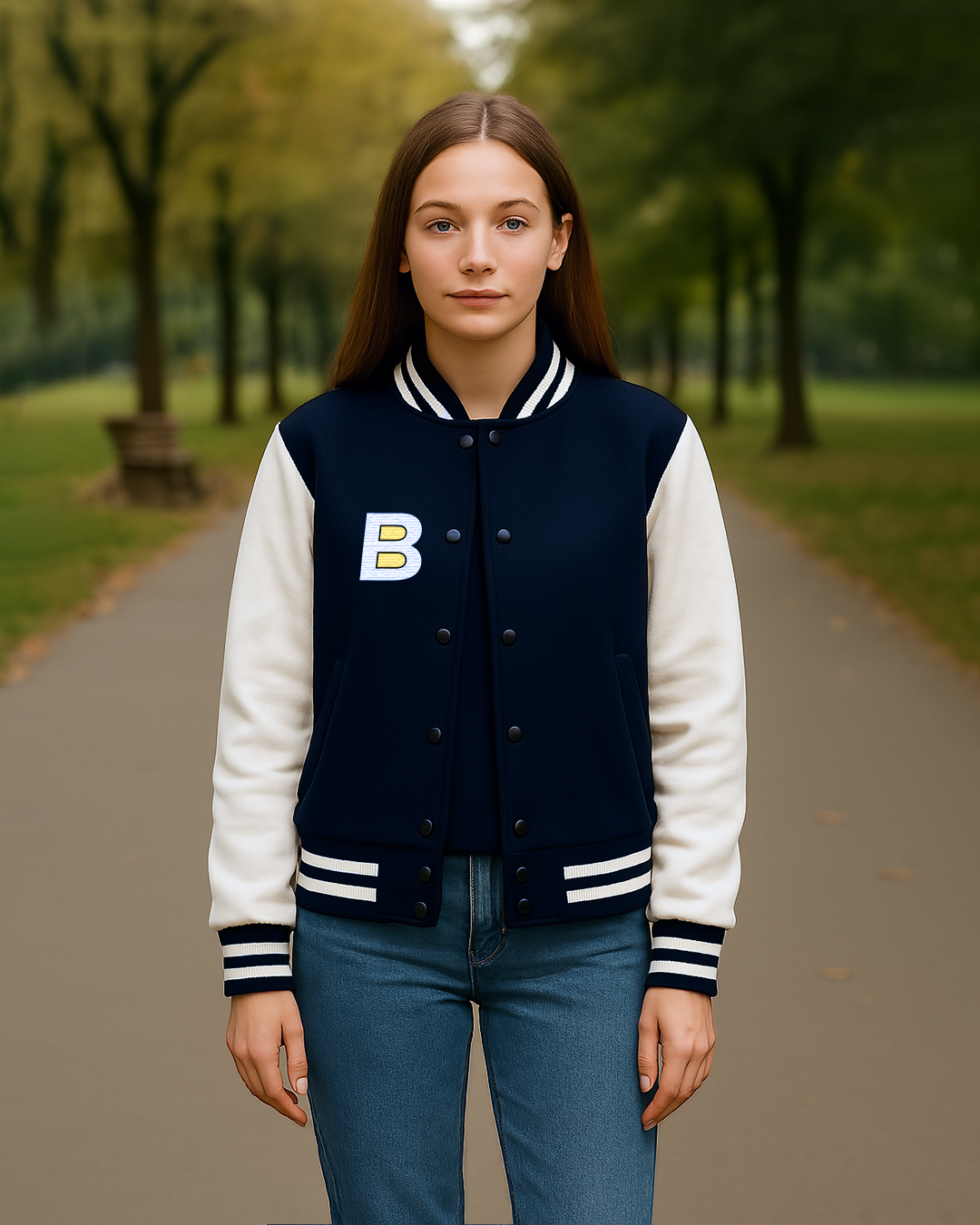 Bencut Women&amp;#39;s B Navy Blue Varsity Jacket